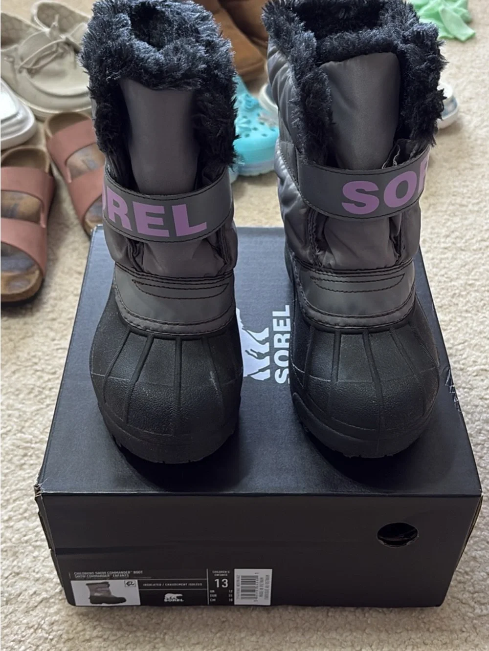 Kids Sorel Black Winter Boots with purple accents size 13 Like new